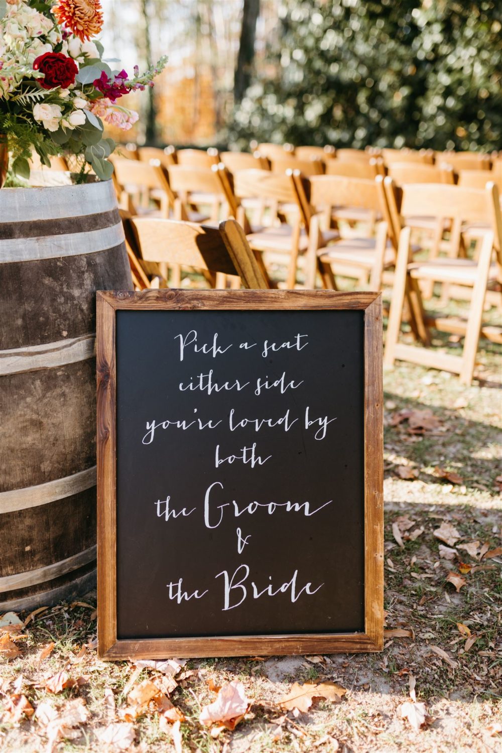 wedding decor bride and groom ceremony seating sign