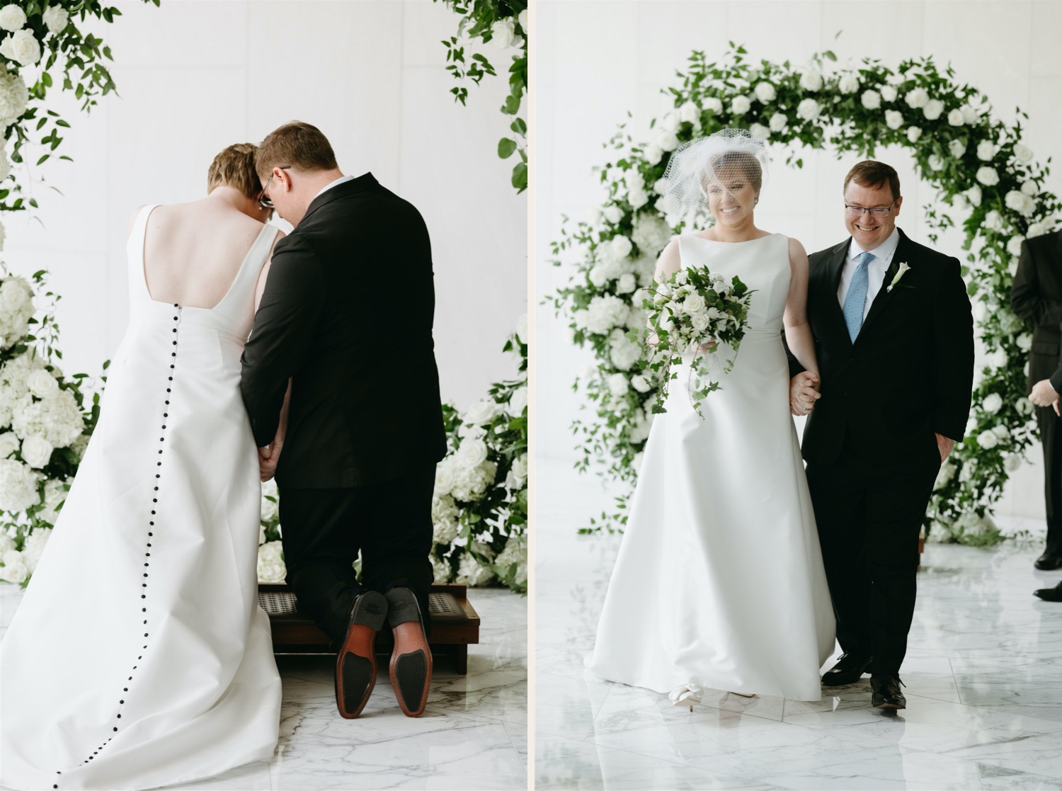 bride and groom ceremony details floral arch