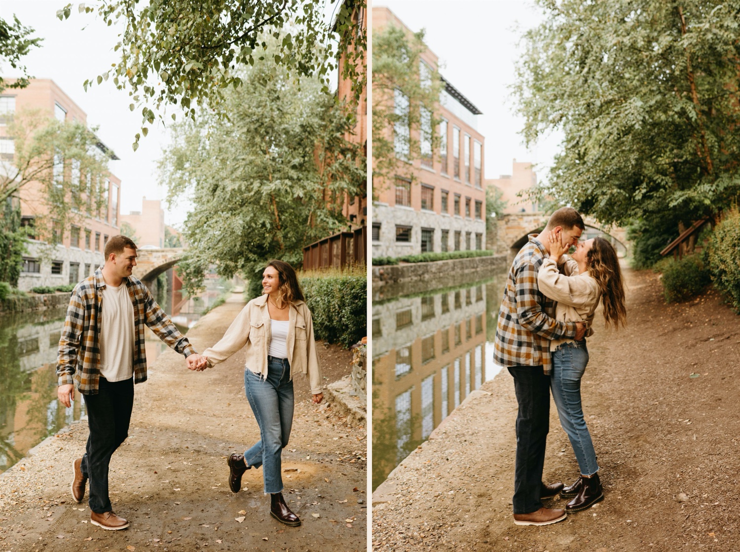 couple holding hands hugging georgetown canal