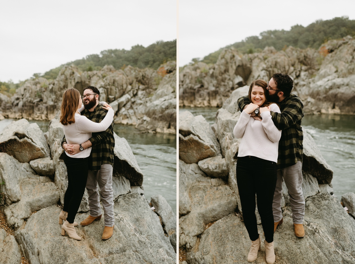 couple hugging smiling river rocks
