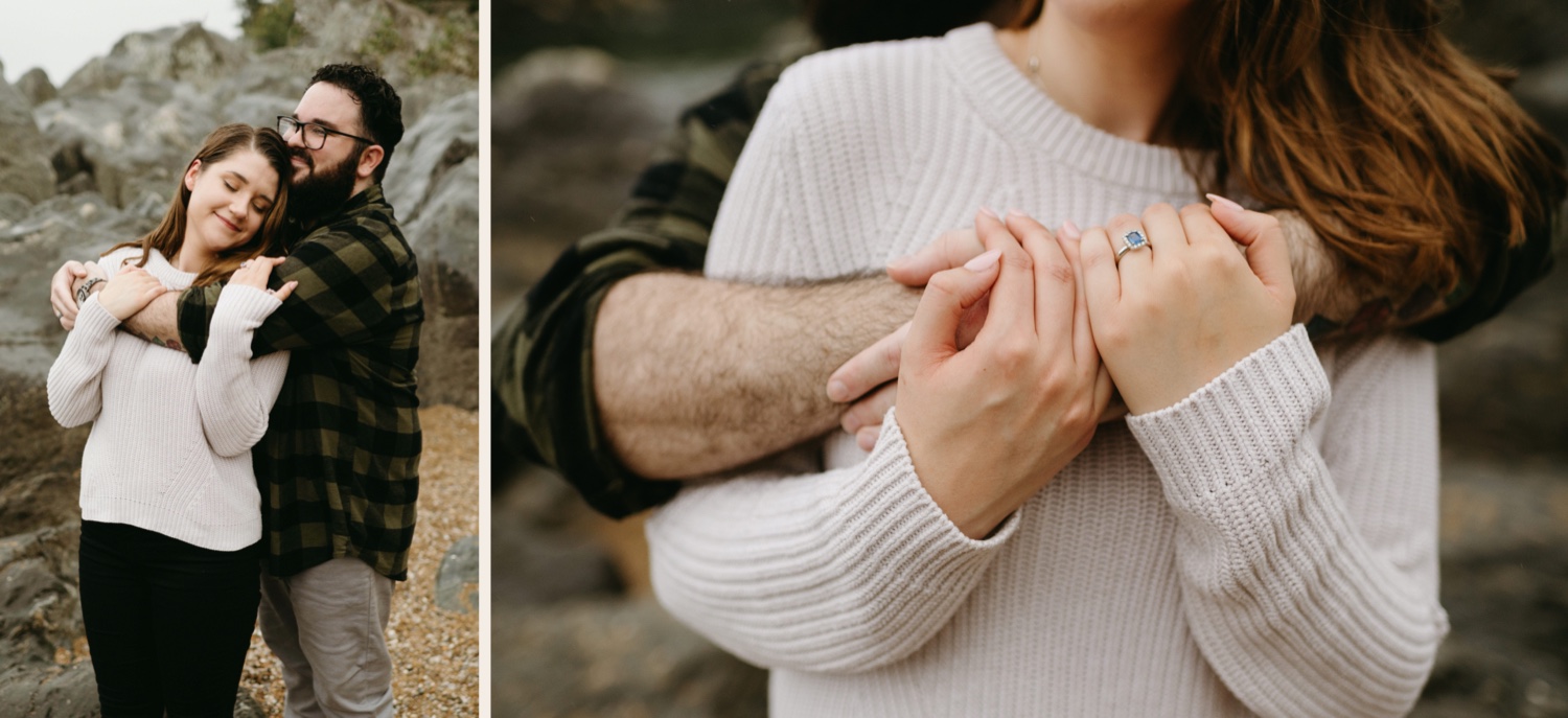 couple hugging engagement ring details