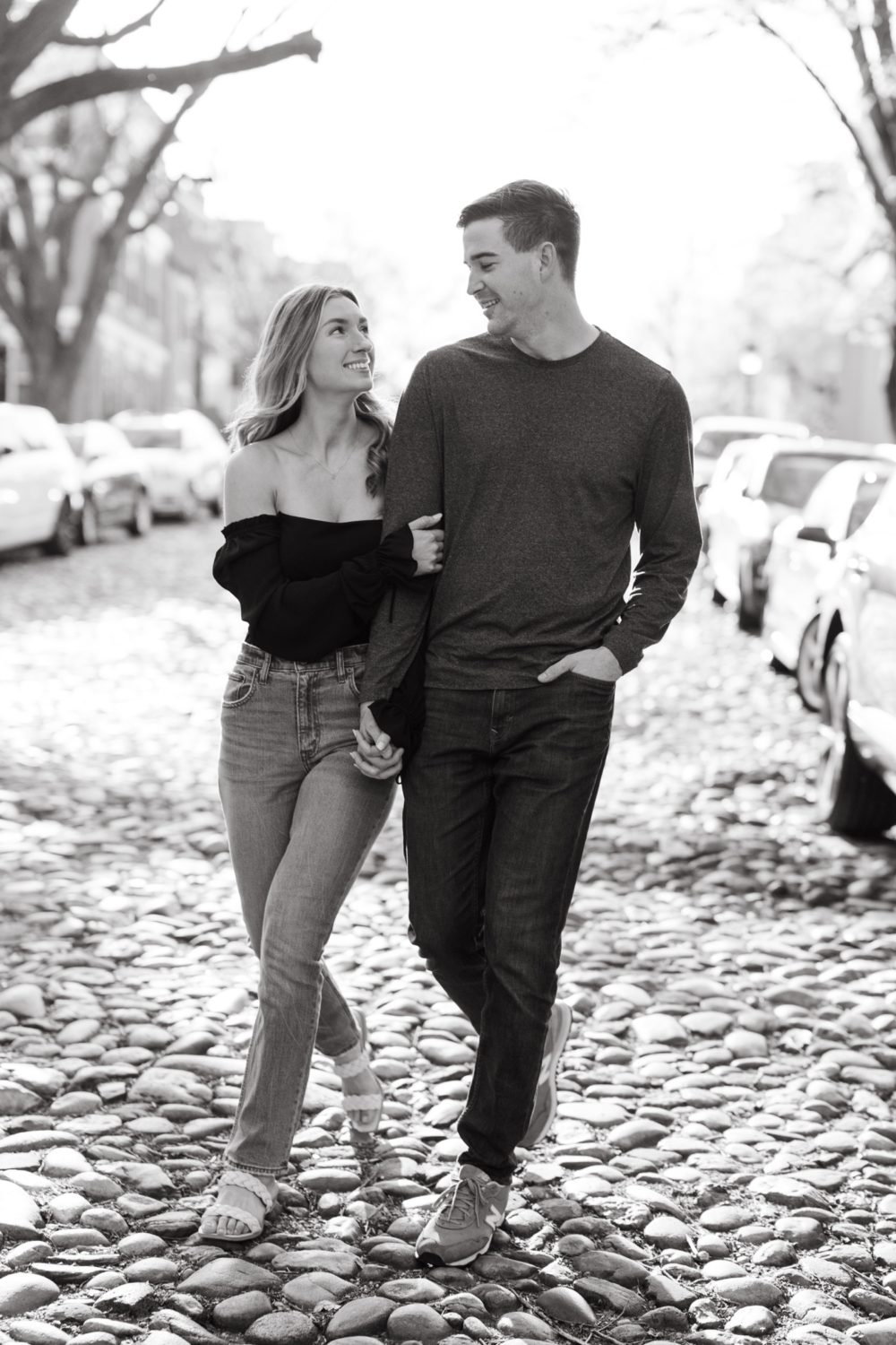 old town alexandria engagement black and white couple smiling