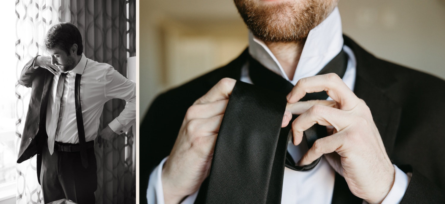 groom getting ready black and white tie details