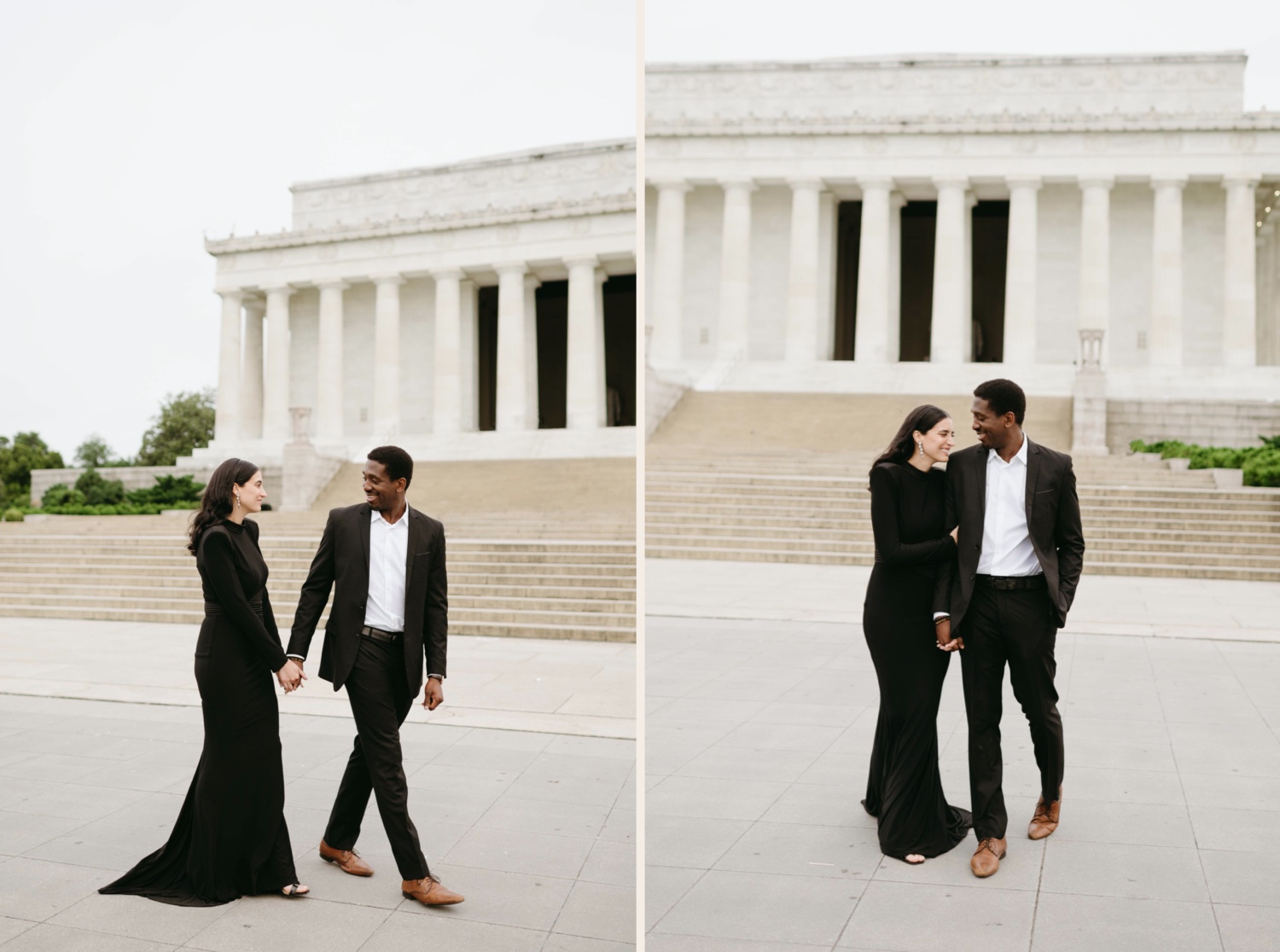 lincoln memorial engagement couple walking holding hands