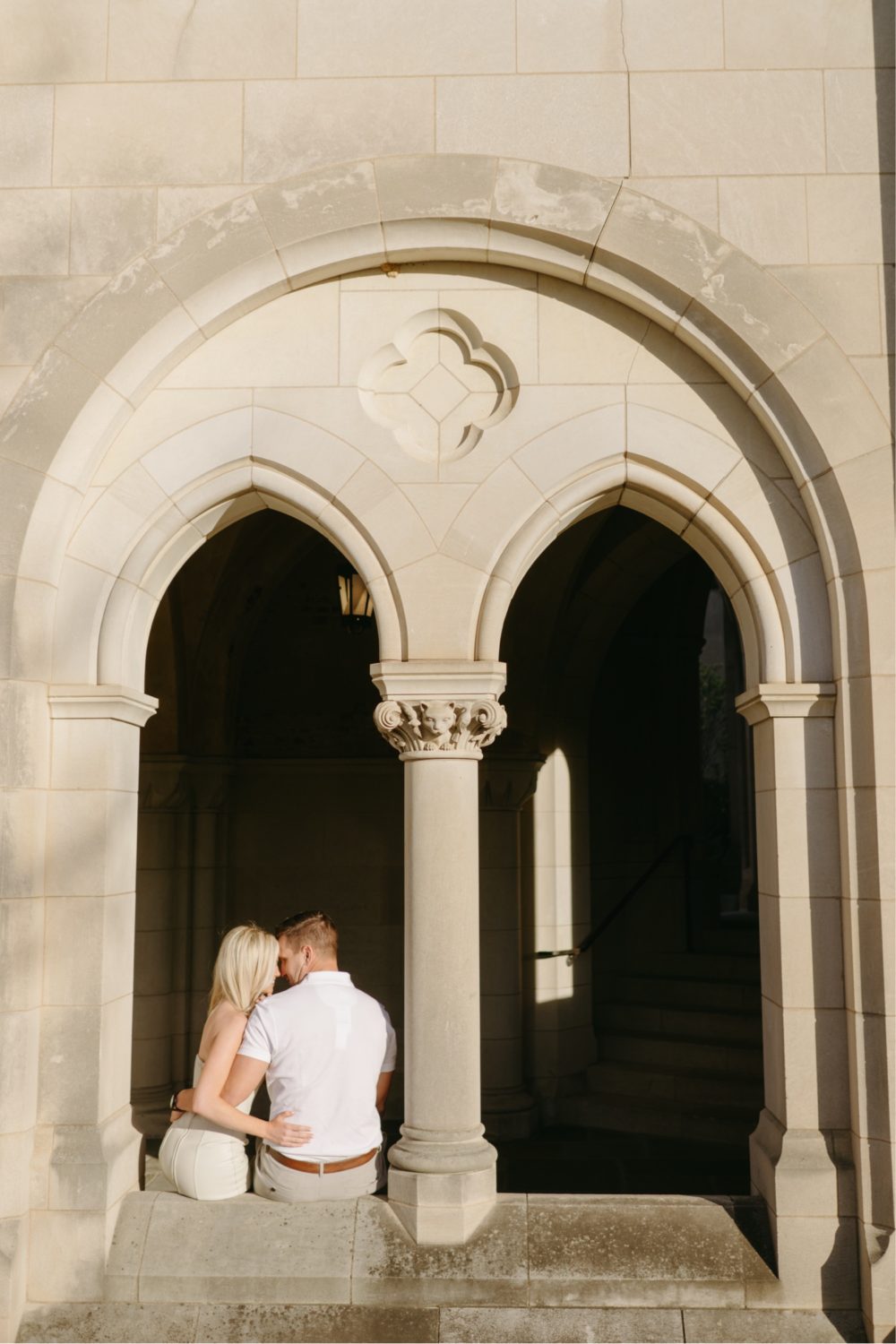couple hugging cathedral window
