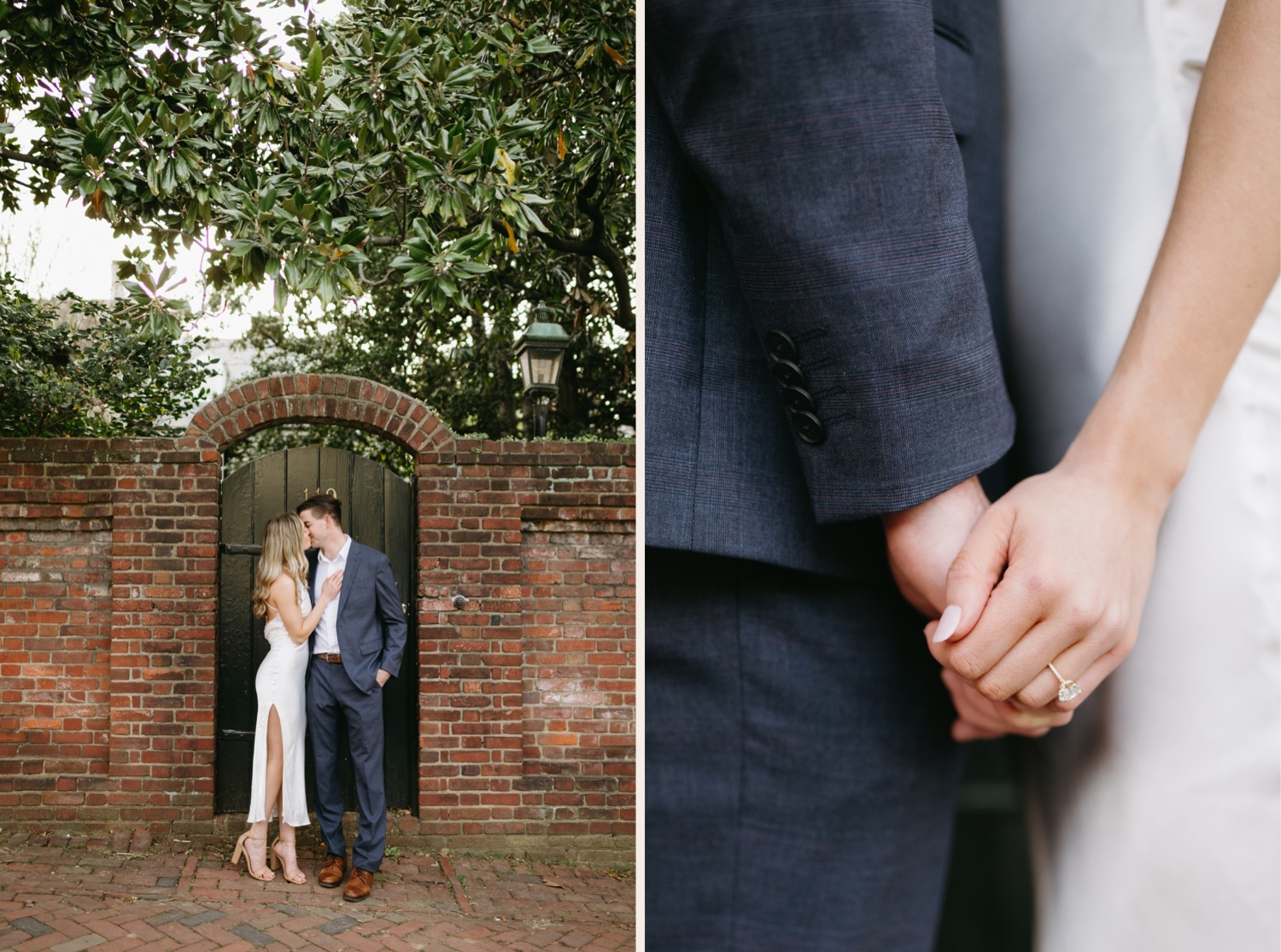 old town alexandria engagement couple kissing holding hands ring details