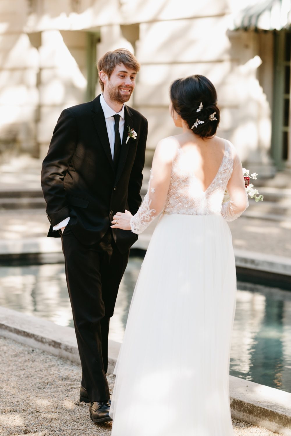 intimate wedding larz anderson house bride and groom first look smiling