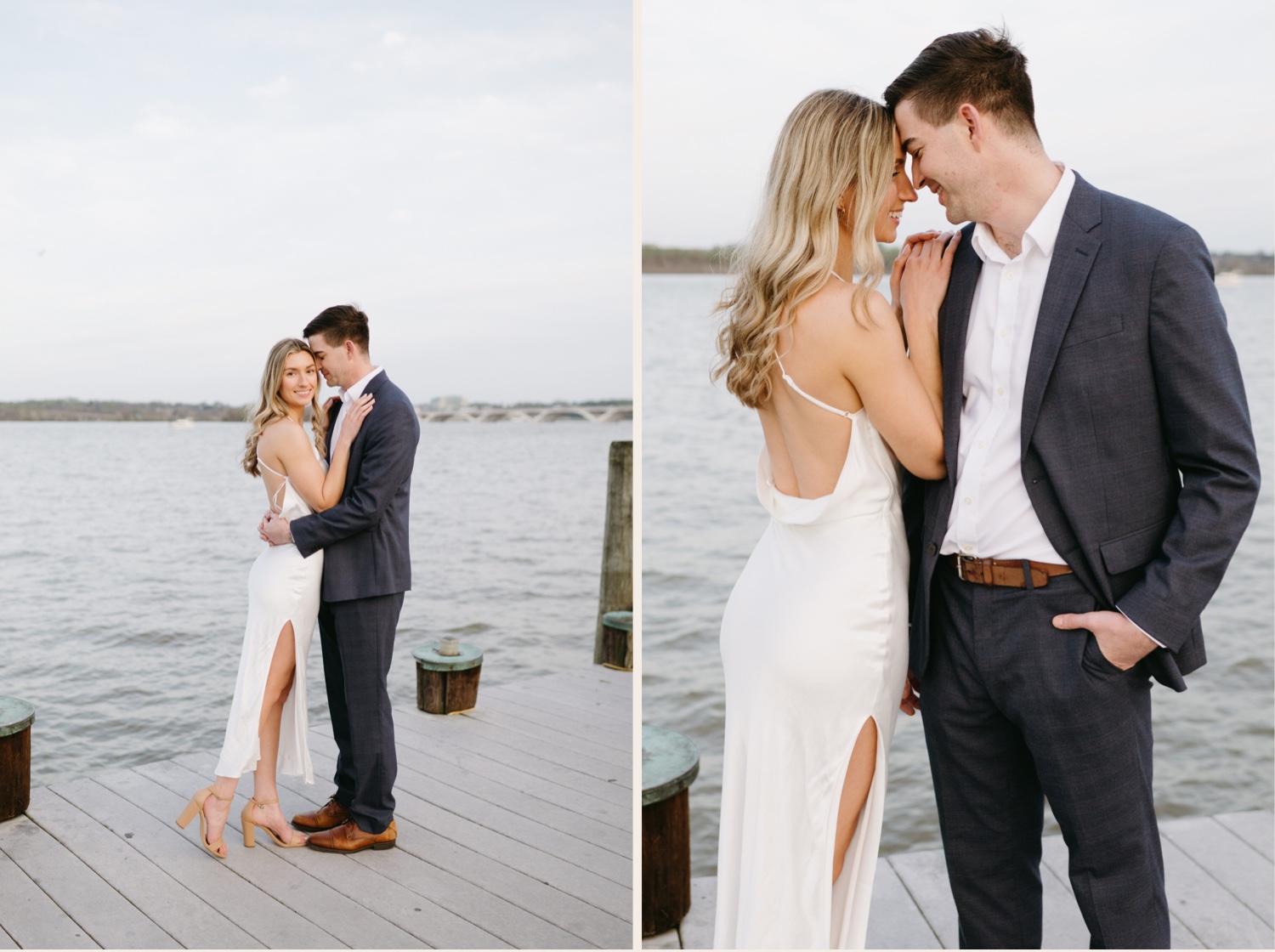 engaged couple hugging smiling waterfront