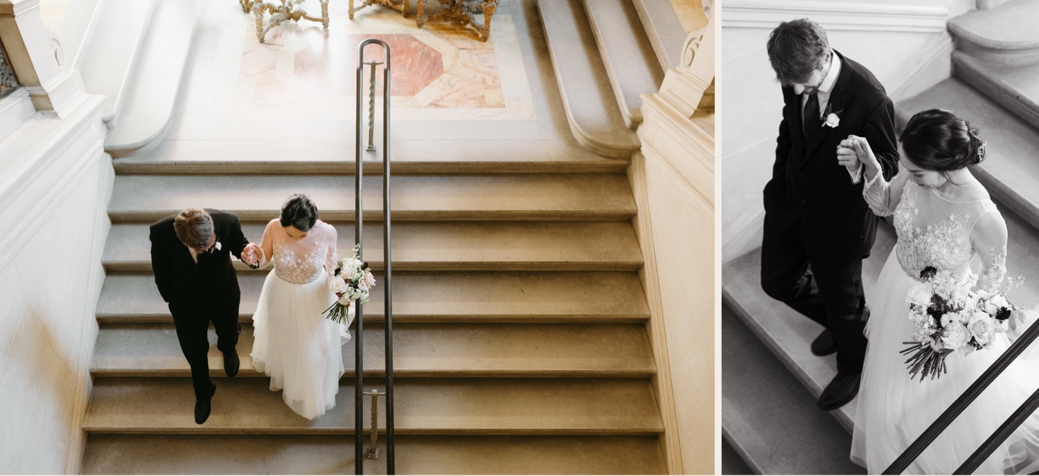 black and white bride and groom holding hands walking steps