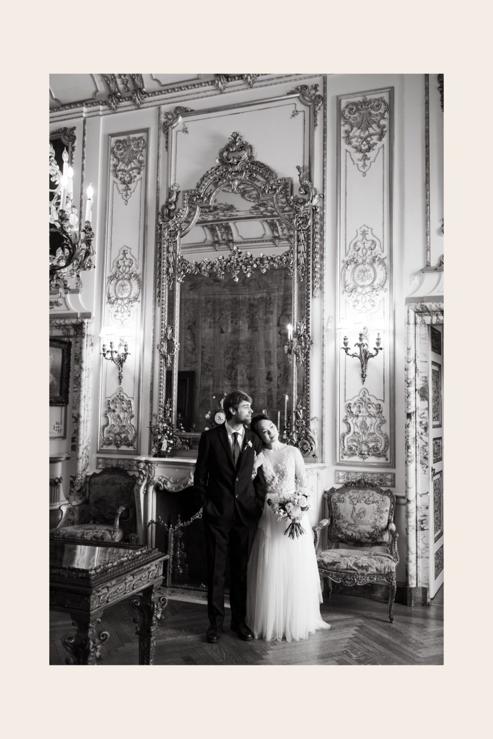 black and white intimate wedding larz anderson house bride and groom pose film