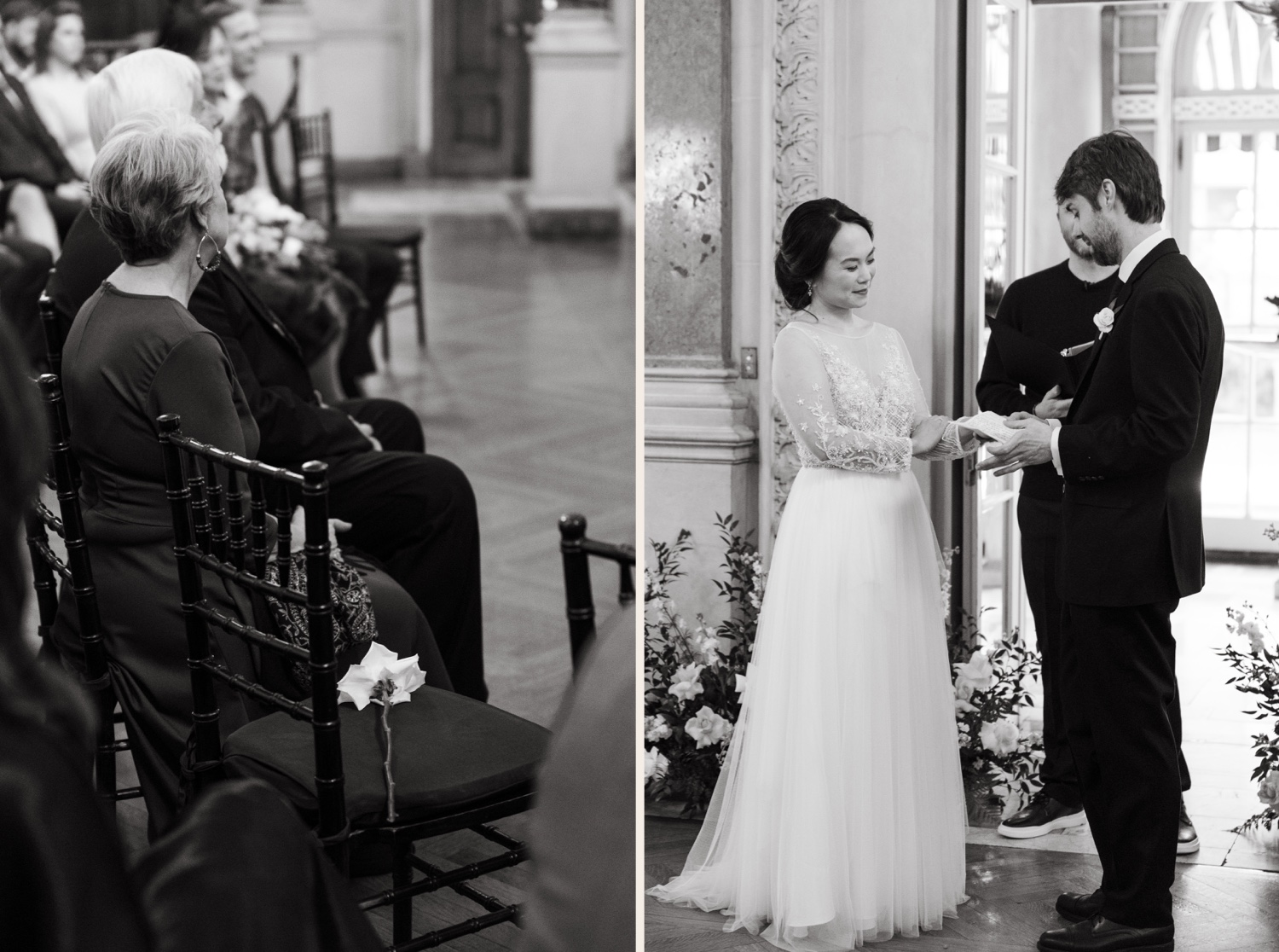 black and white intimate wedding larz anderson house reading vows