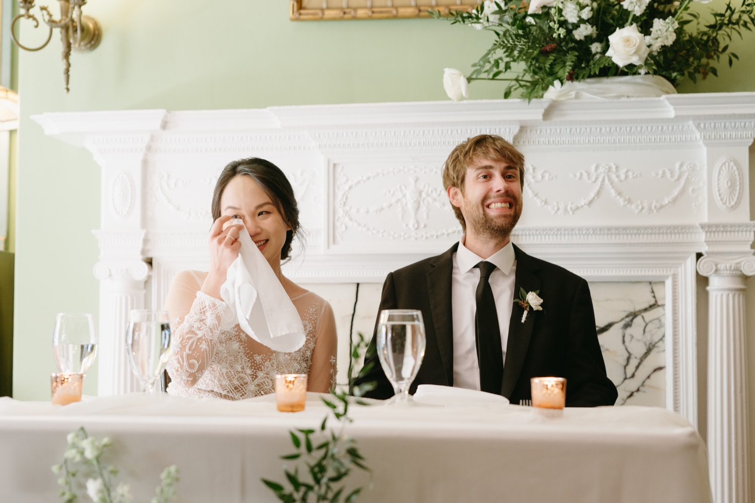intimate wedding larz anderson house bride and groom smiling reception
