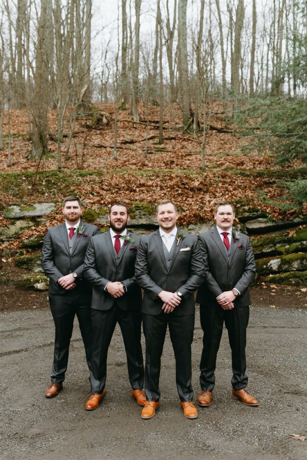 groomsmen portraits red grey color palette 