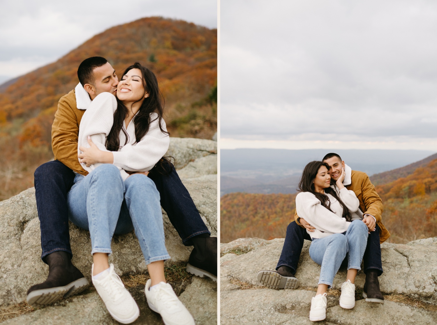fall Shenandoah adventure engagement bride and groom to be seated on overlook hugging
