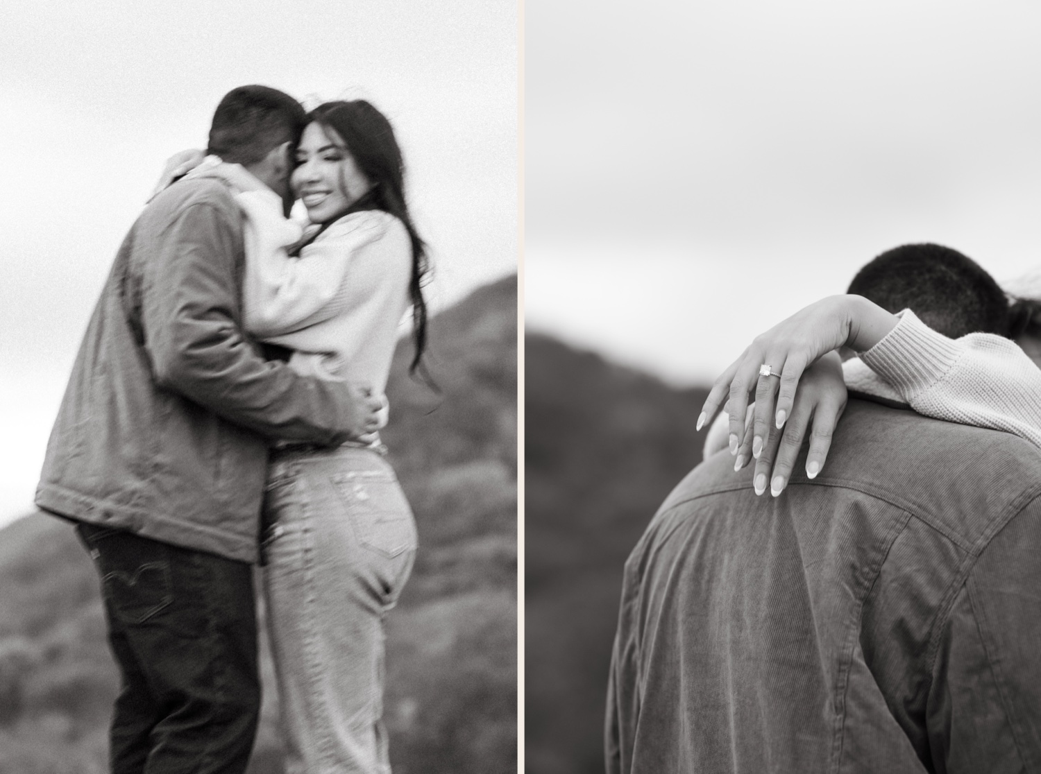 movement photo couple on mountainside casual jeans and jacket styling engagement ring details