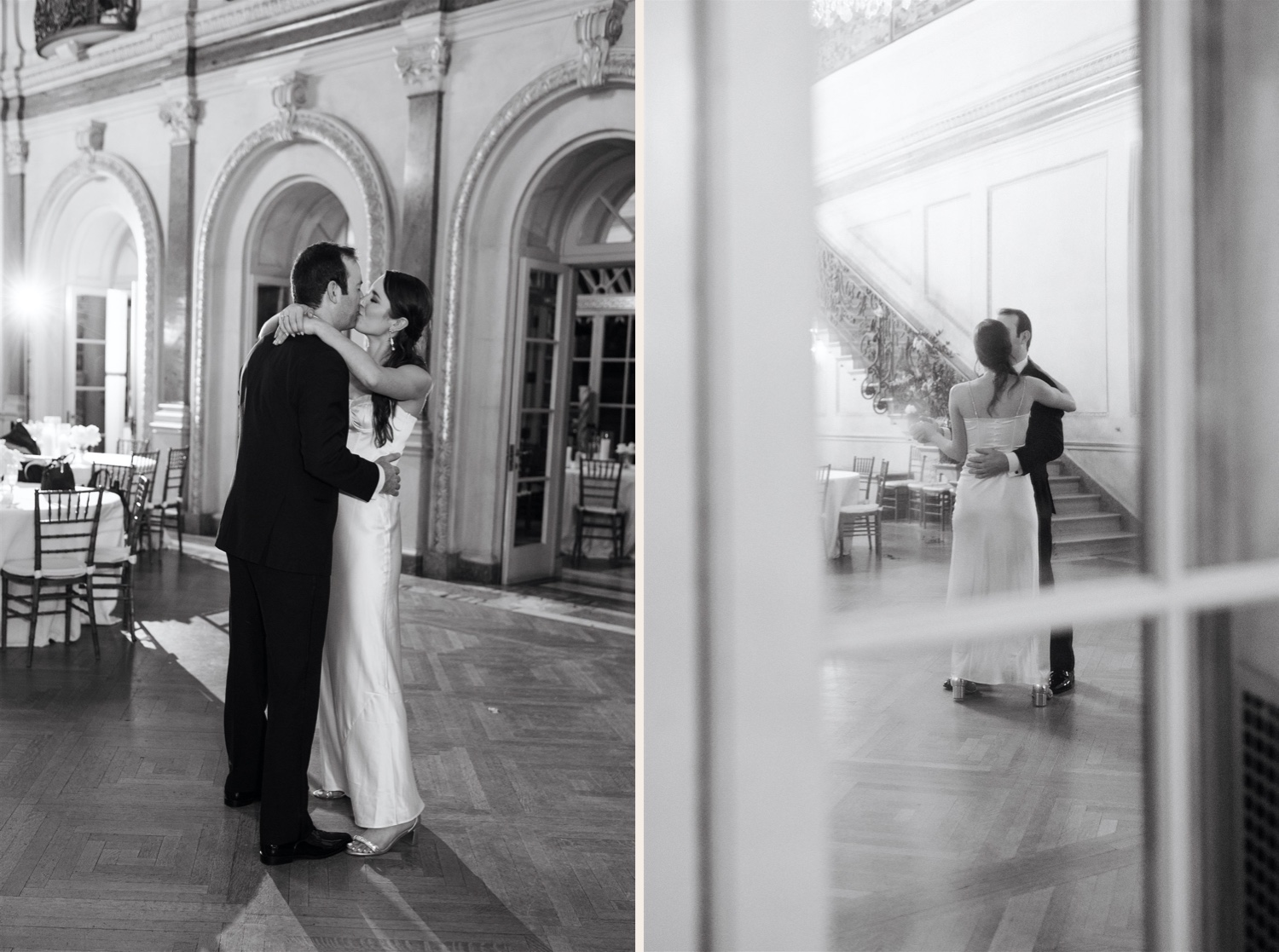 black and white bride and groom dancing kissing