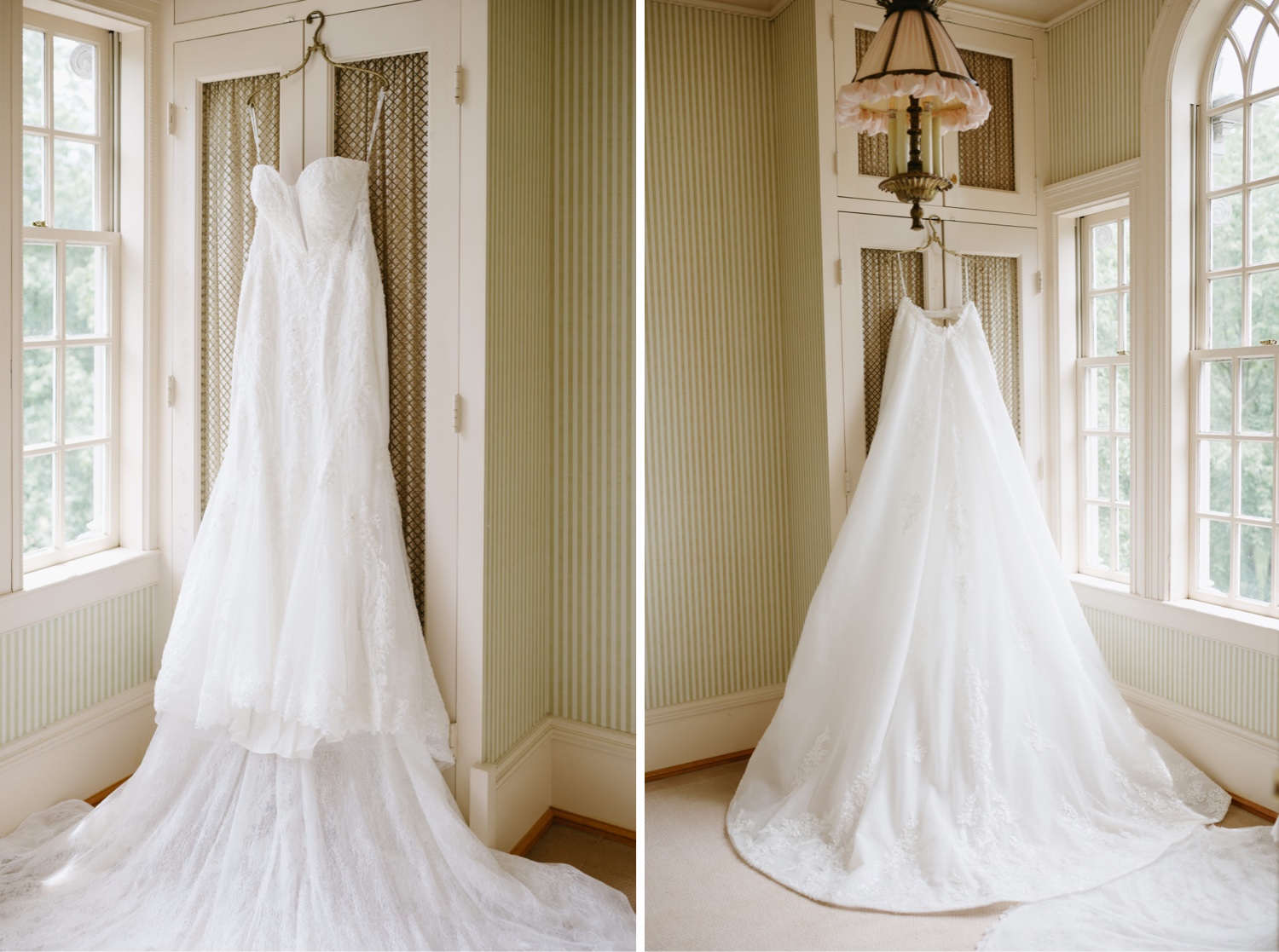 wedding dress details hanging natural lighting