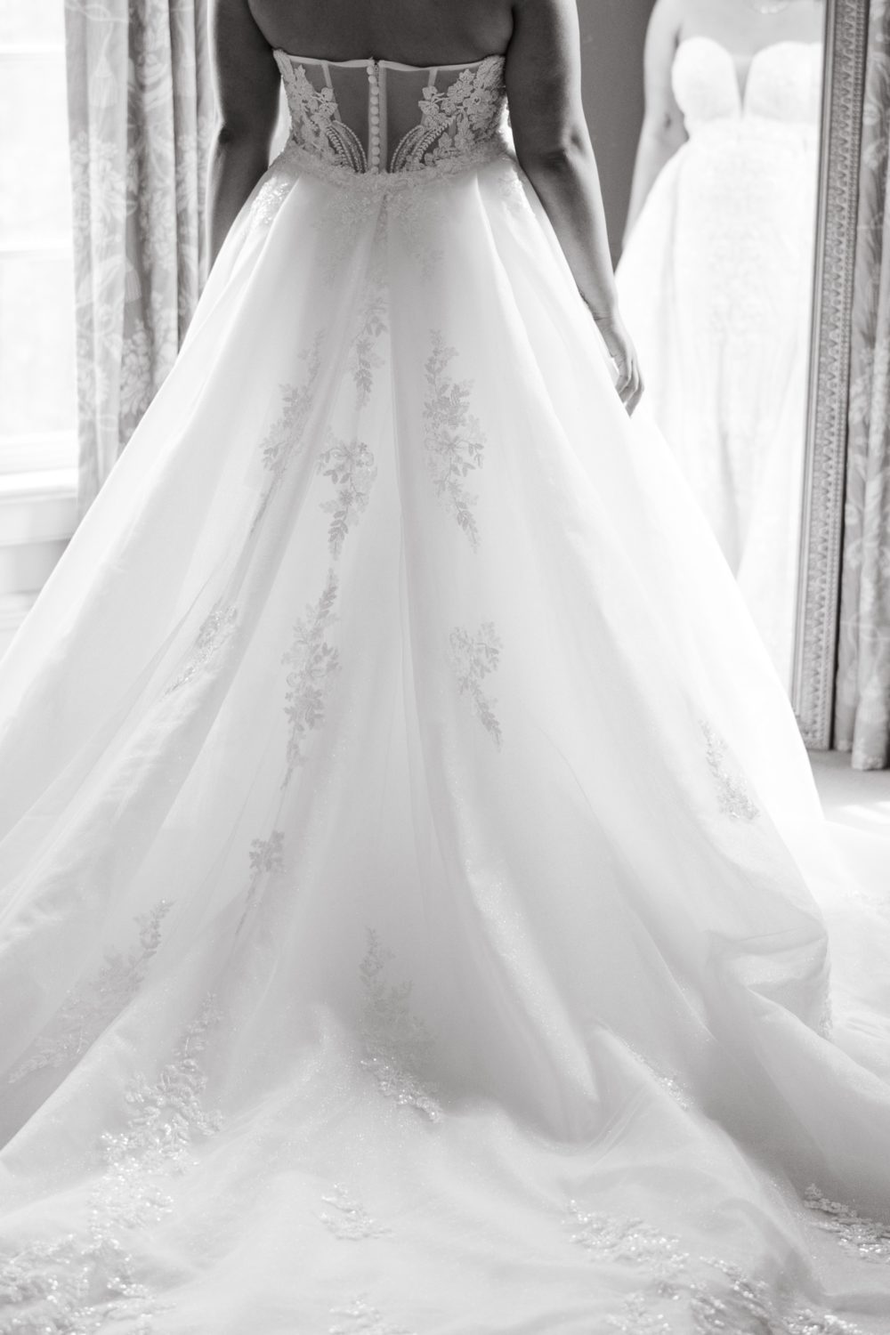 black and white bride wedding dress details