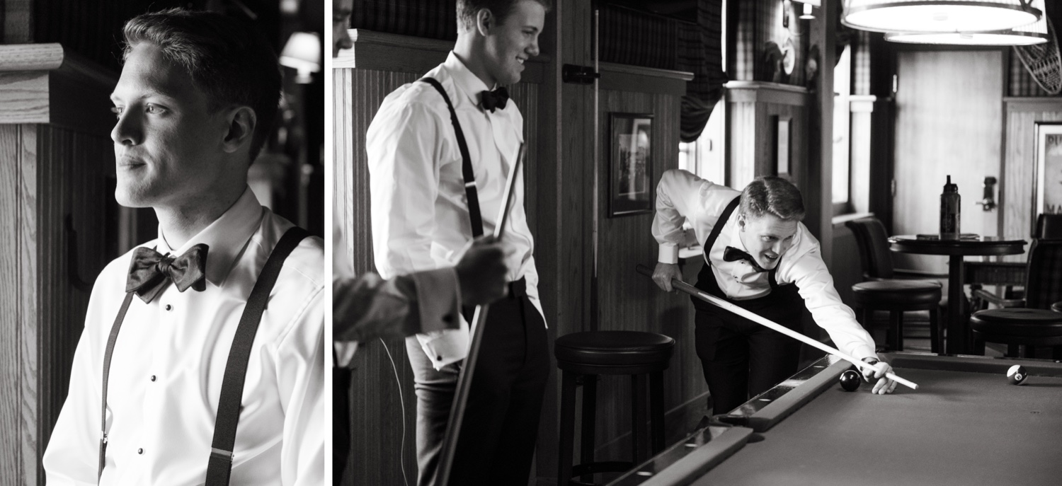 black and white groom and groomsmen playing pool