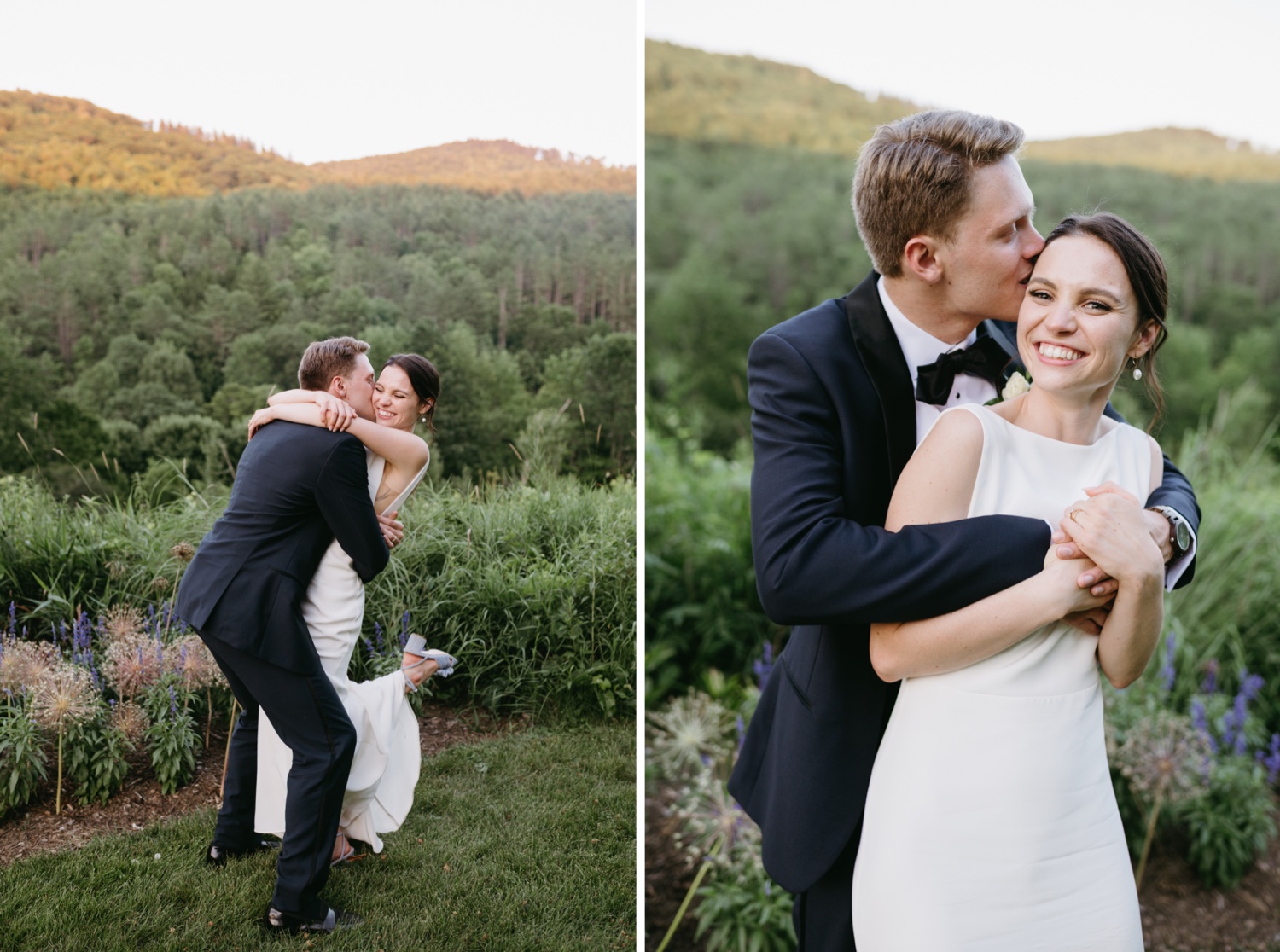 woodstock inn wedding bride and groom hugging smiling