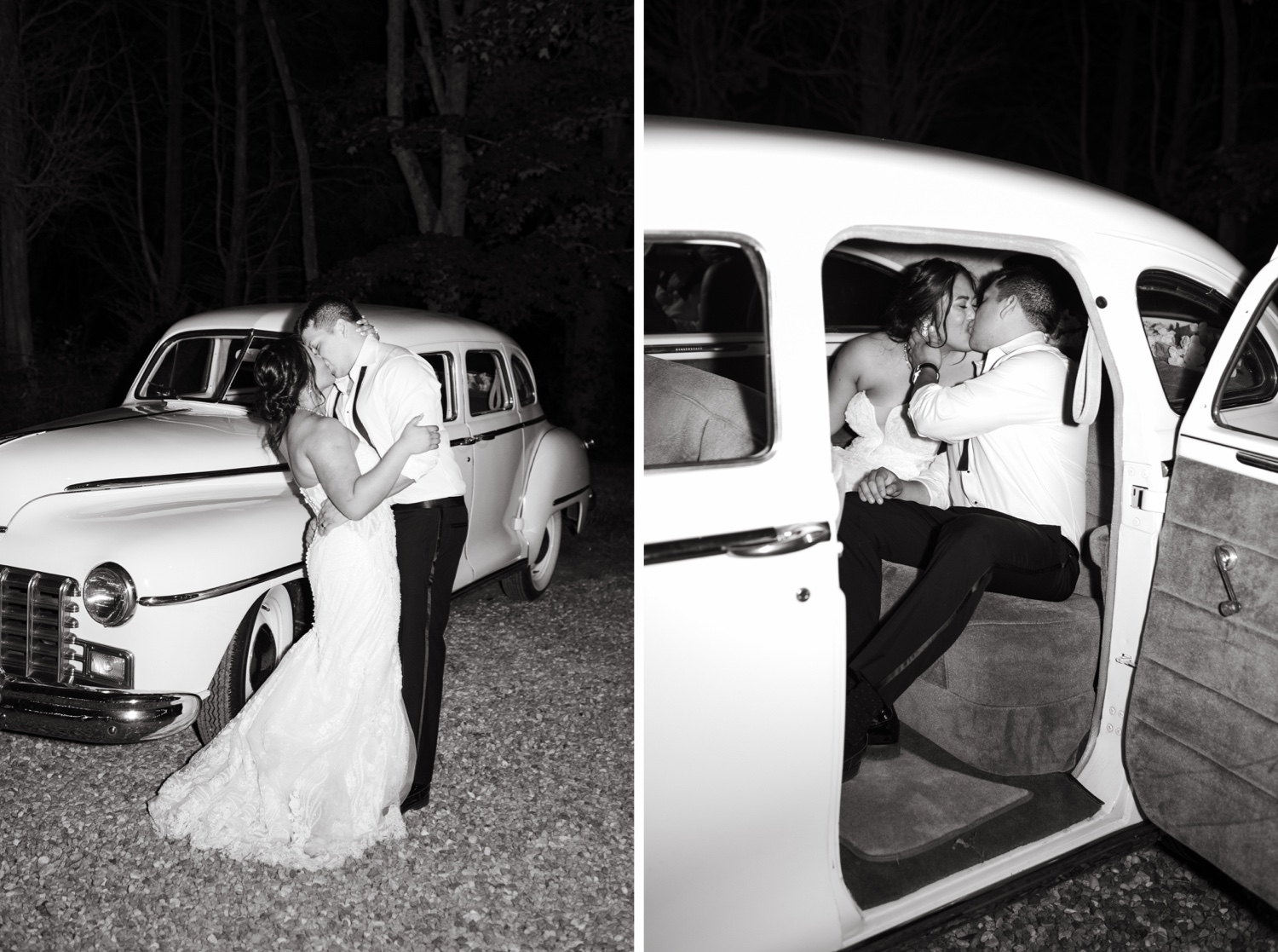 black and white soiree great marsh estate bride and groom kissing antique car