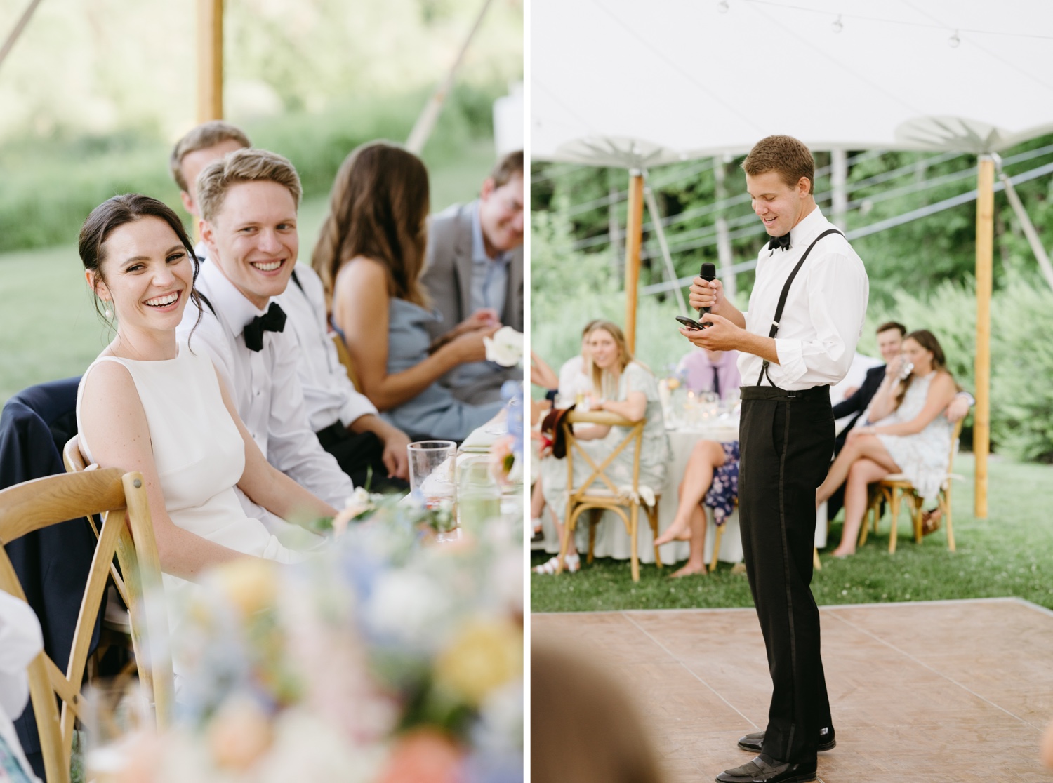 wedding reception venue bride and groom smiling toasts