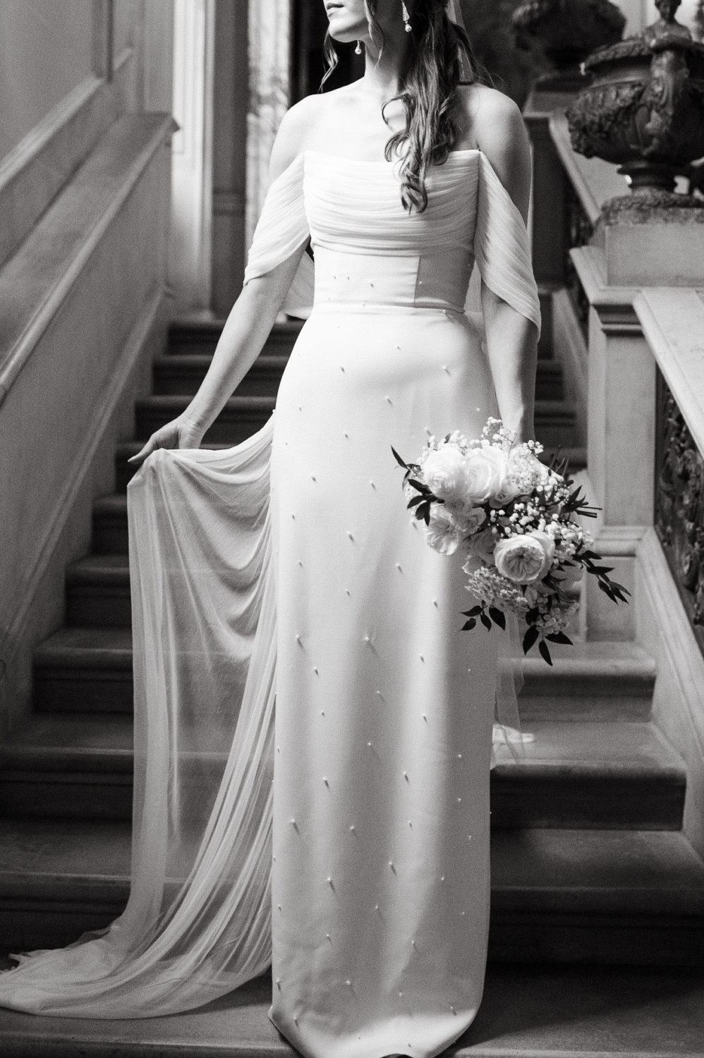black and white wedding dress pearl accents floral texture