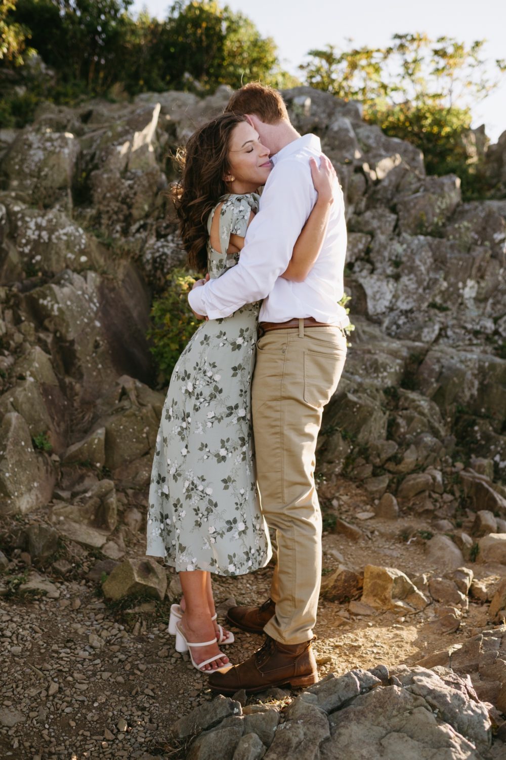 stony man Shenandoah engaged couple hugging floral dress white shirt