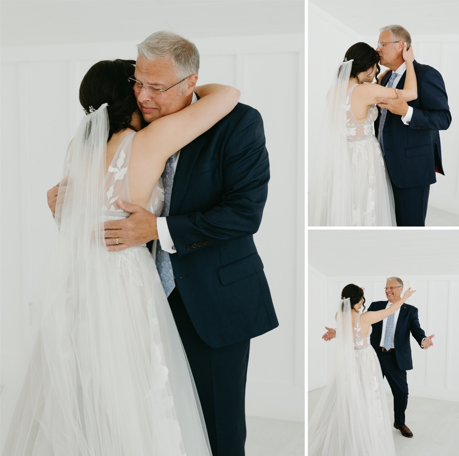 bride hugging father of the bride first look 