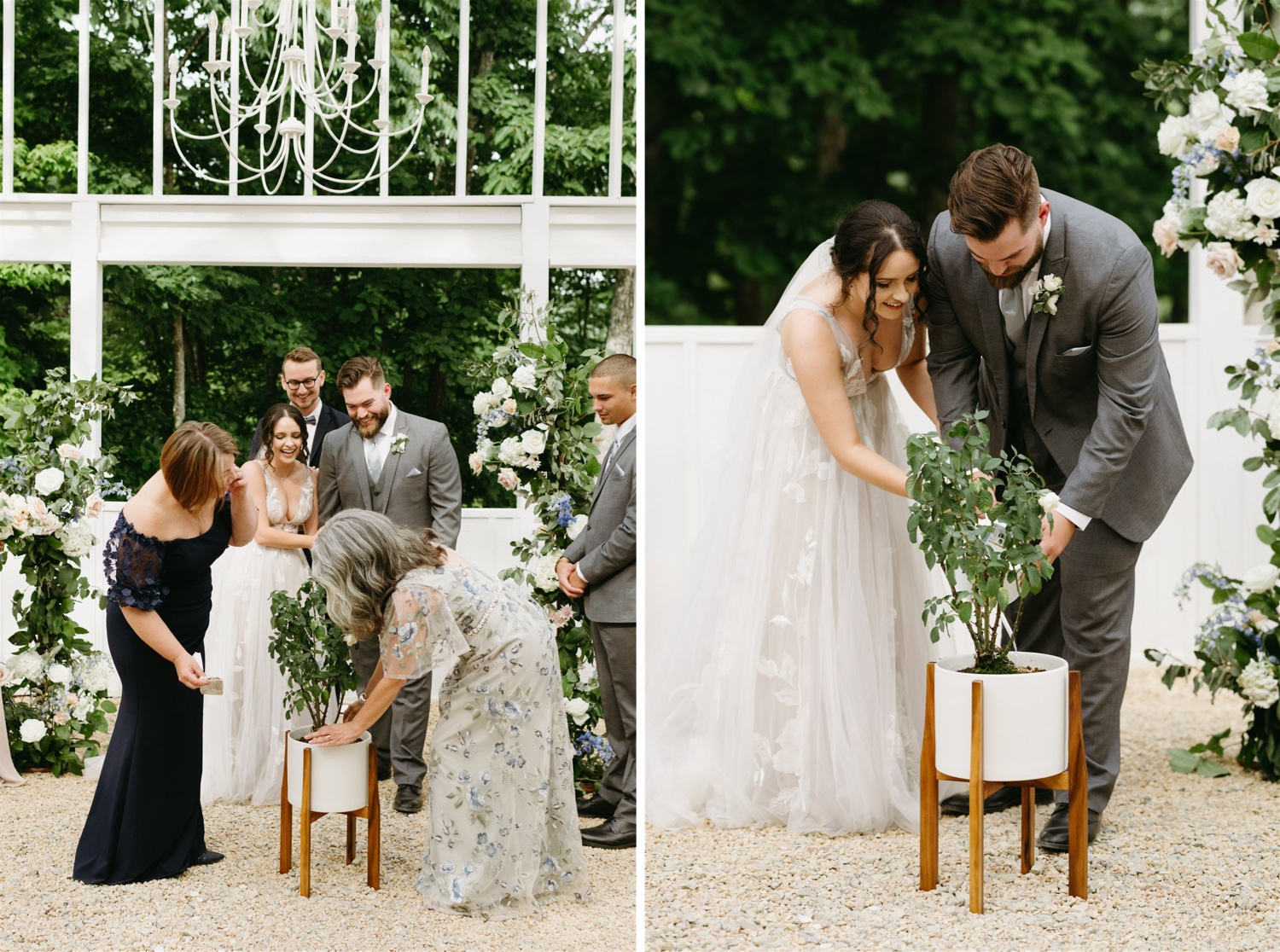 ivy rose barn bride and groom wedding tradition planting tree smiling