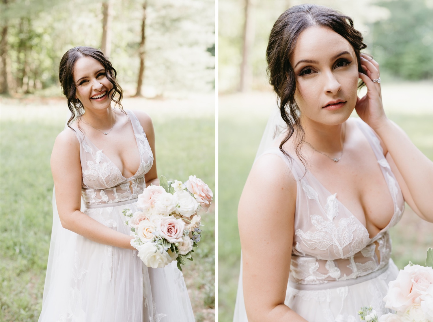 ivy rose barn bride portrait smiling wedding dress florals