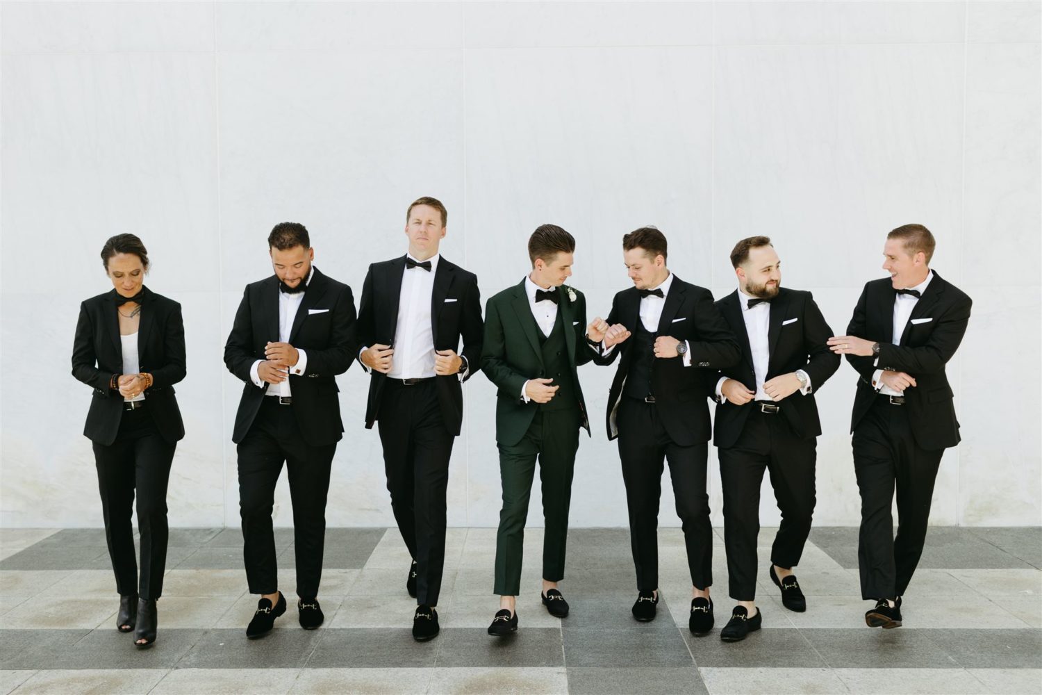 colorful accent groom suit black and green unique bridal party styles