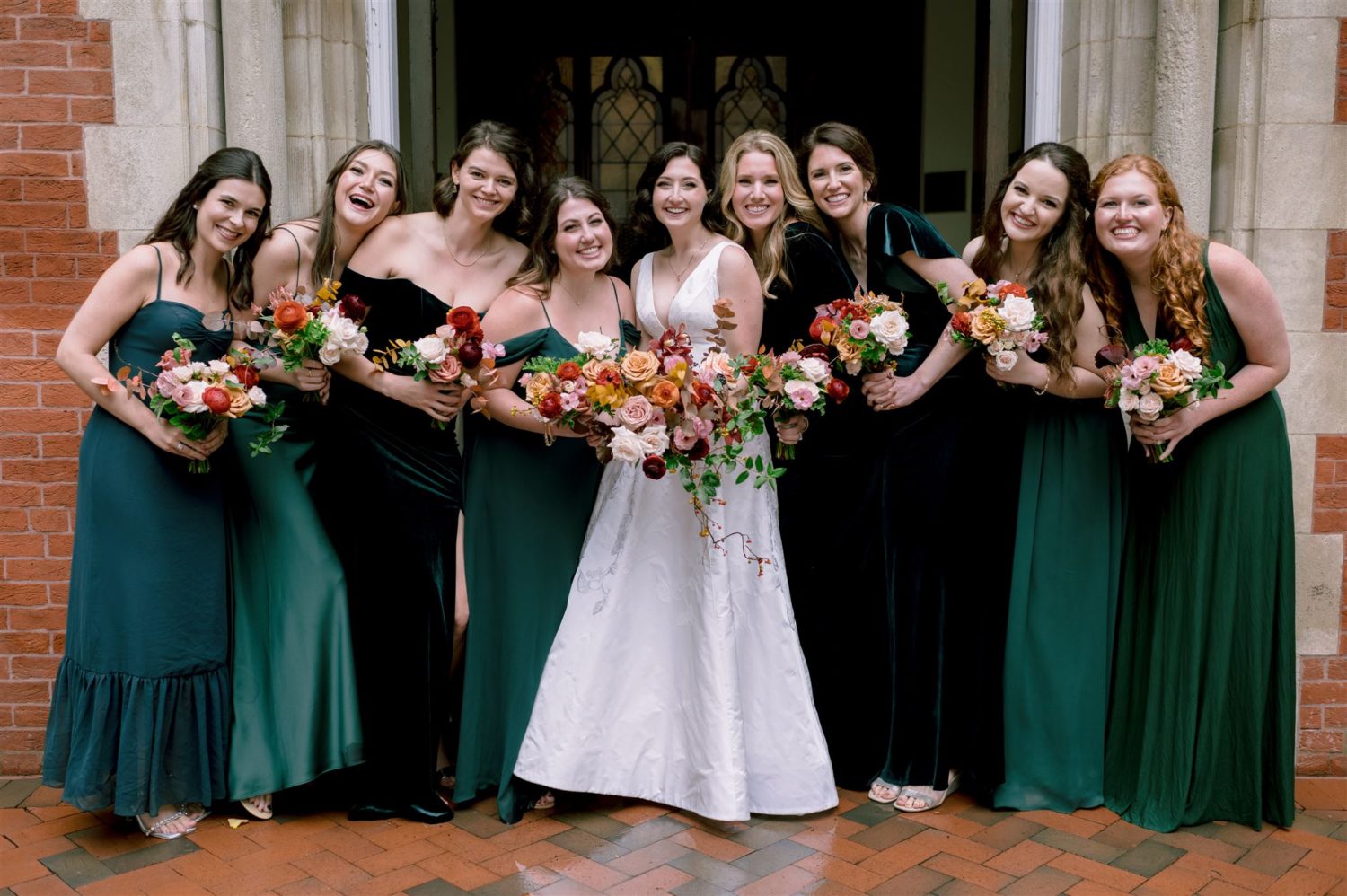 unique bridal party styles emerald green mismatched 
