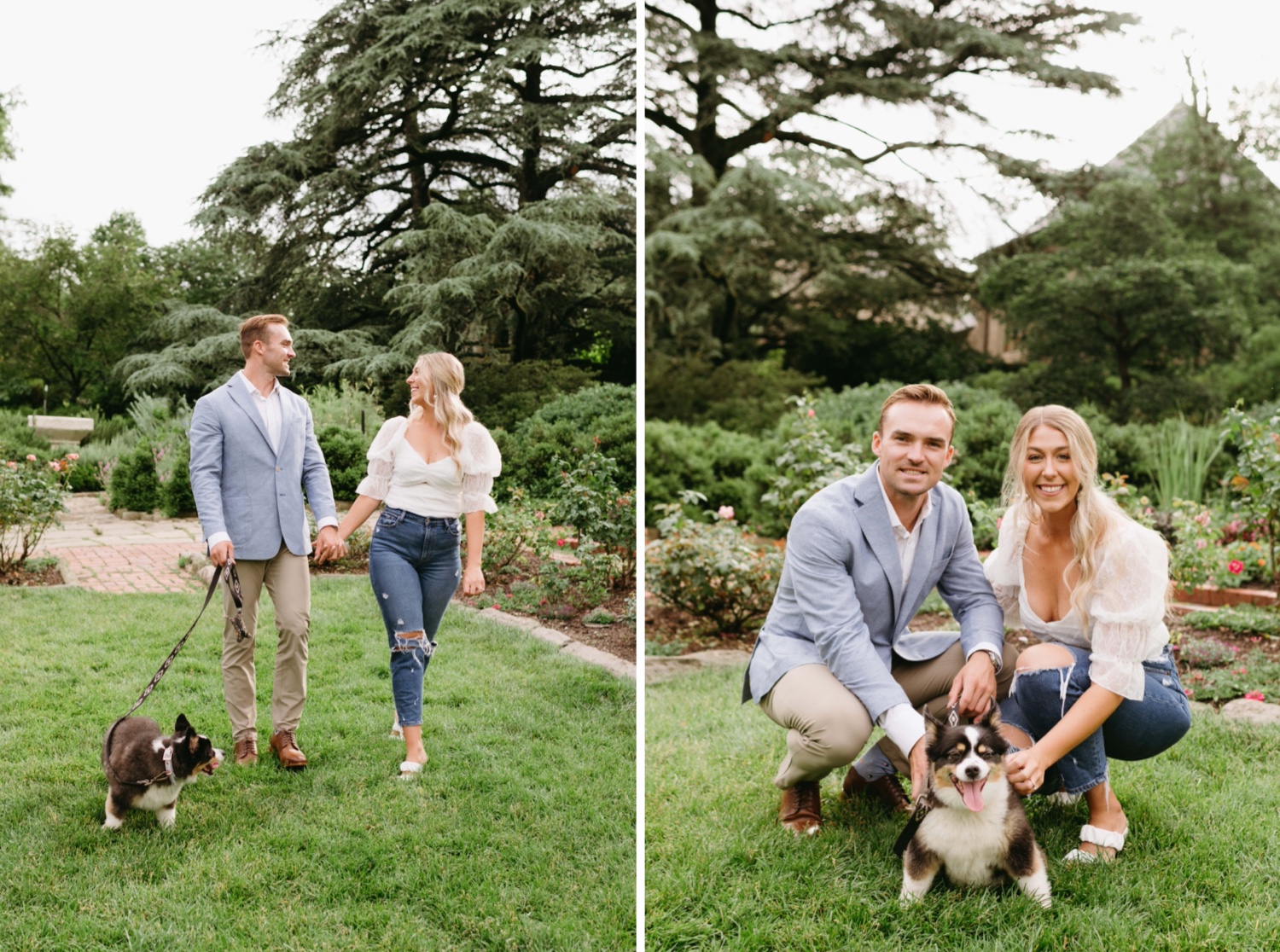 National Cathedral Engagement Session couple smiling at camera with dog