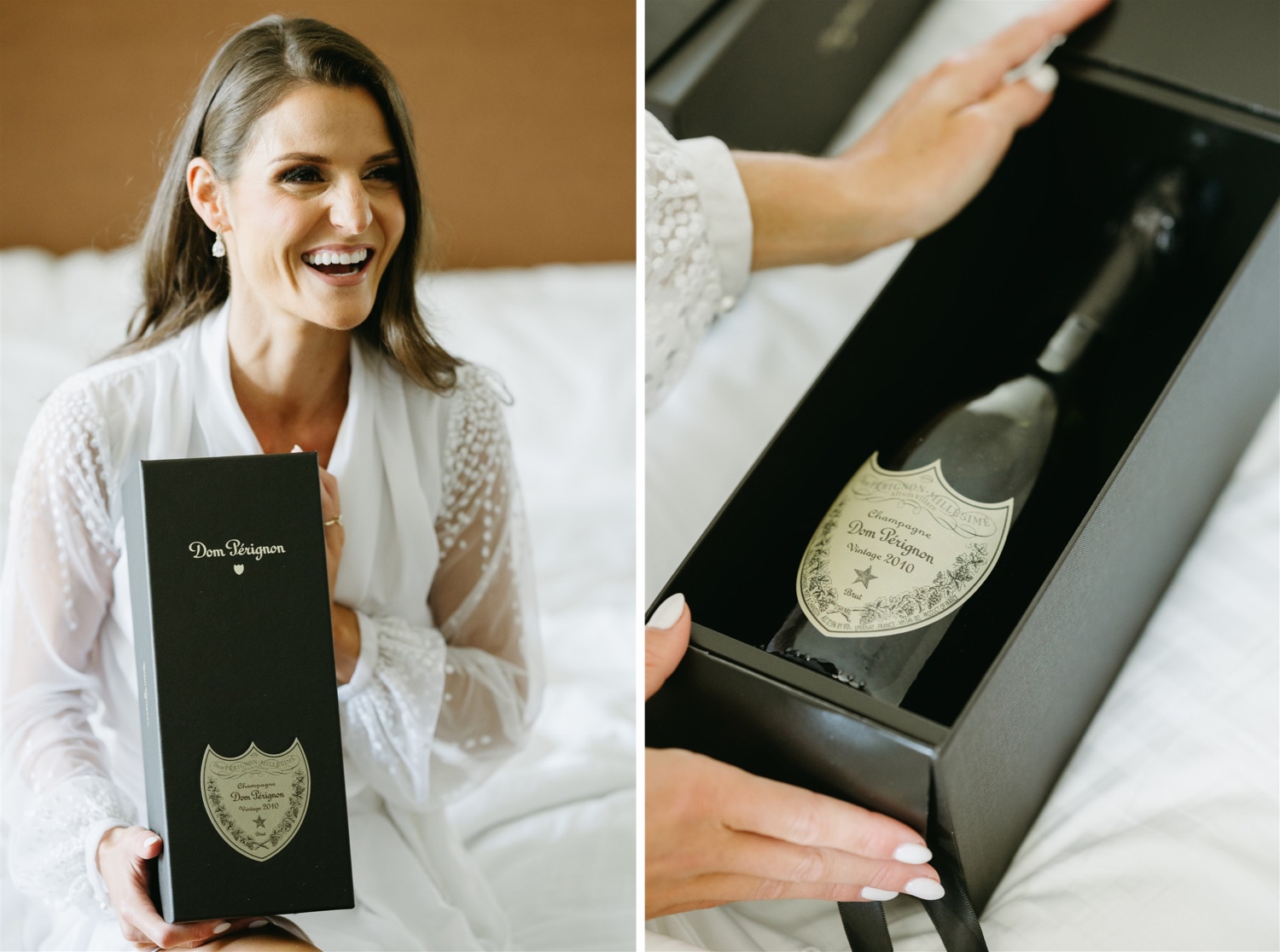don perigon champagne wedding day gift to bride from groom bride posing with box