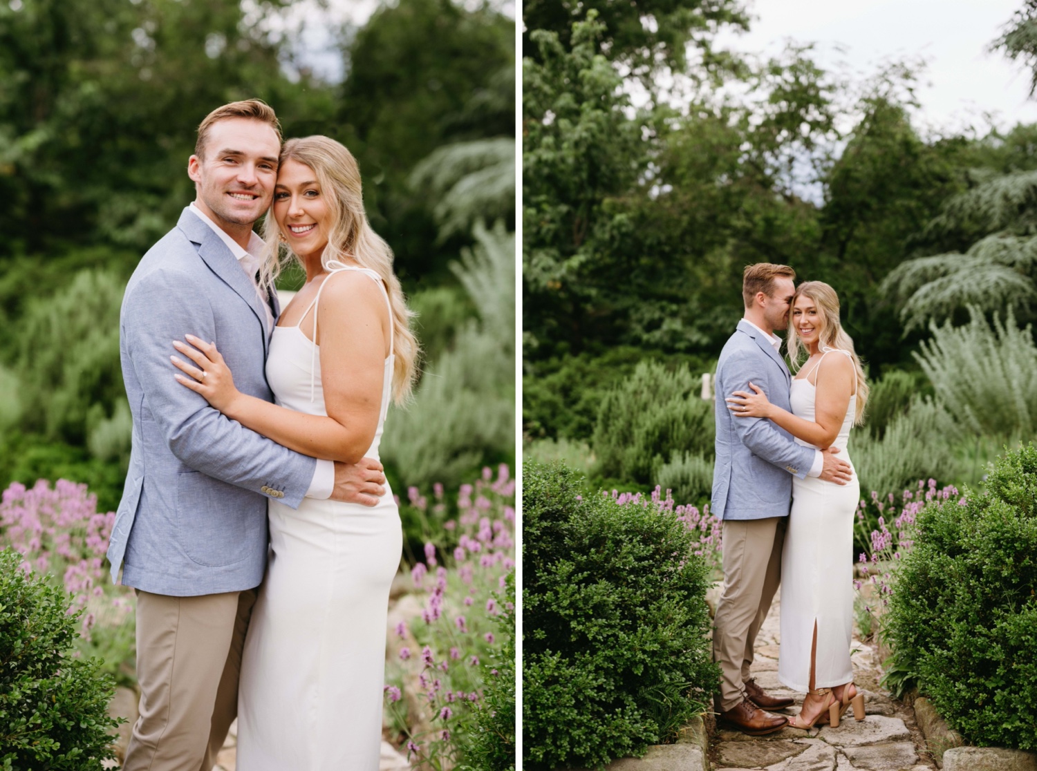 bride and groom smiling at camera engagement portrait green trees and wildflower background