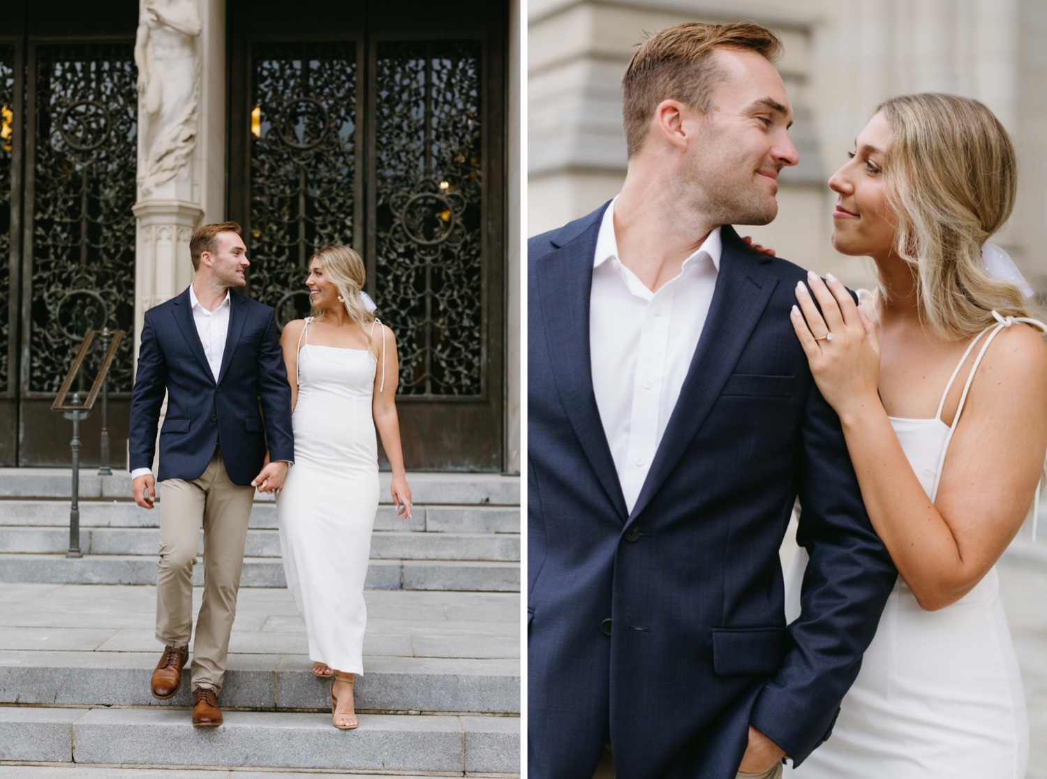 white dress navy suit blazer bride and groom walking down stairs