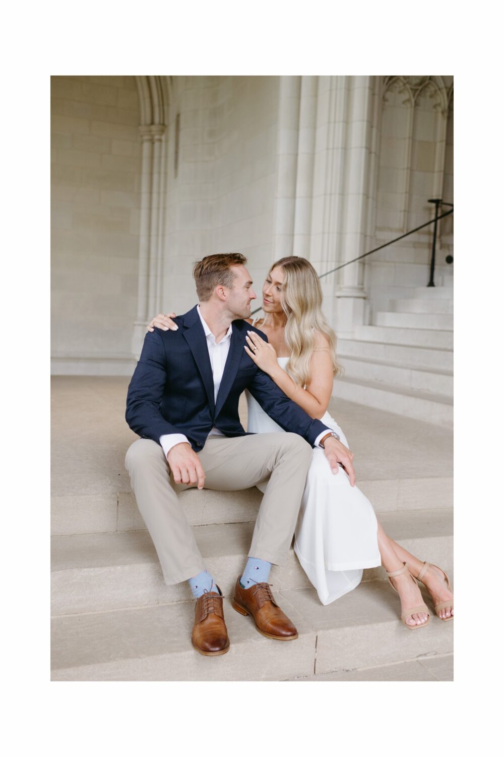 washington dc engagement session bride and groom sitting gazing into each others eyes