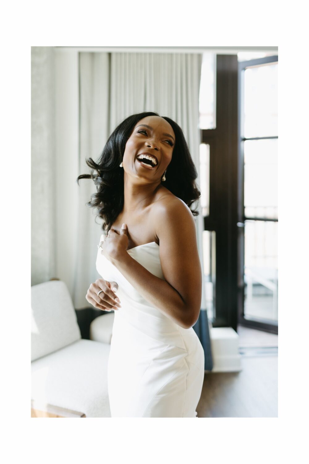 bride smiling movement capture old hollywood waves hairstyle Modern District Winery Wedding