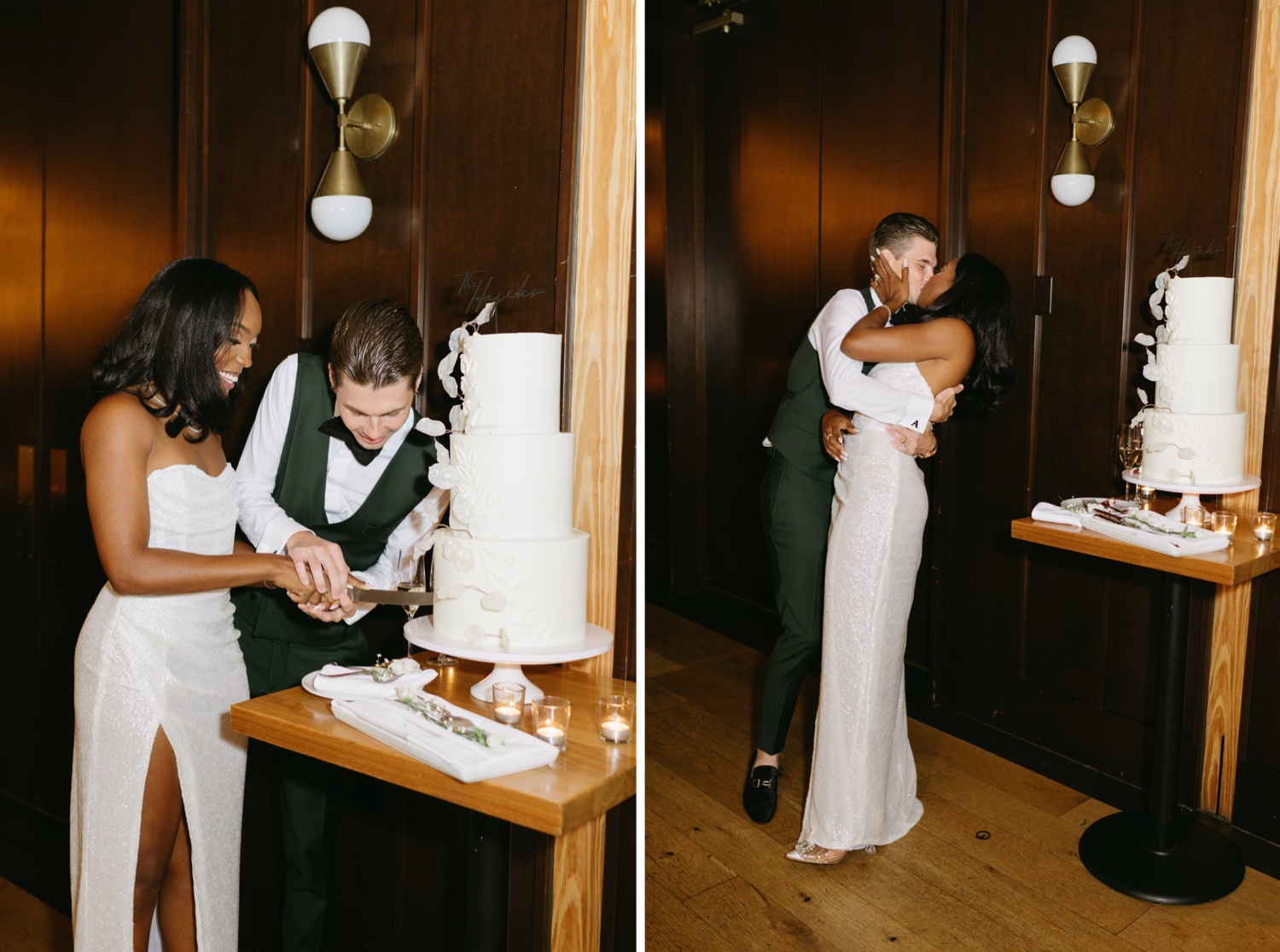 bride and groom cake cutting kissing