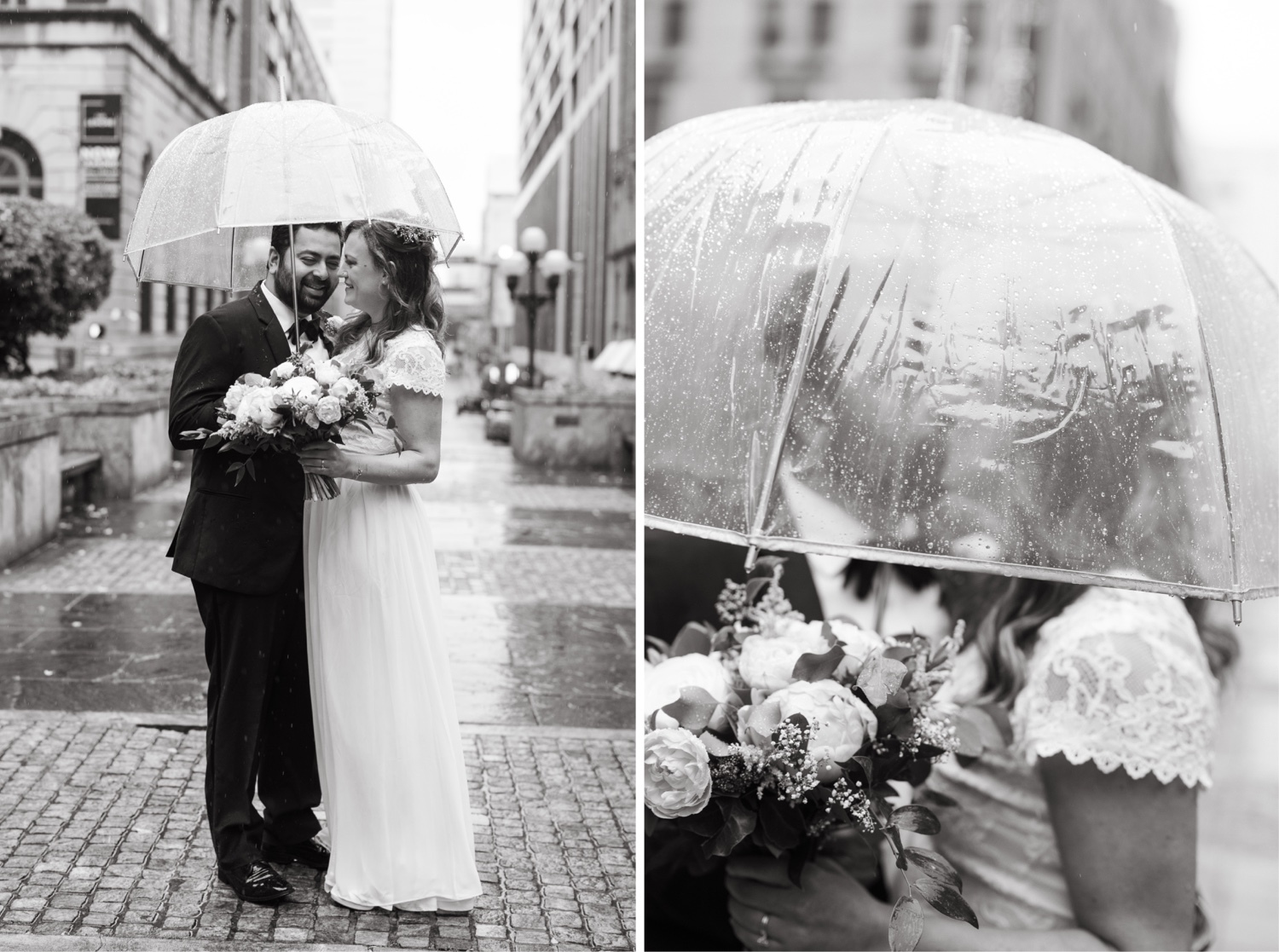 downtown baltimore rainy day wedding bride and groom smiling and kissing under clear umbrella