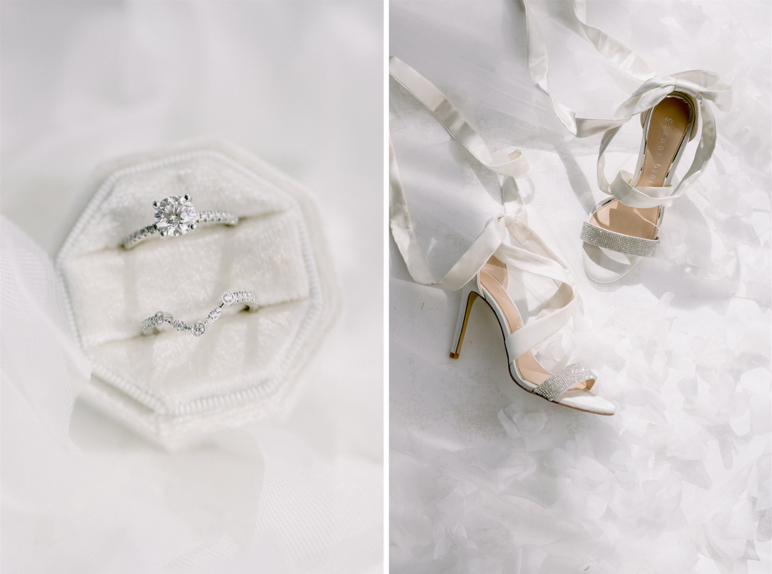round cut silver wedding ring and band cushion bridal white ribbon shoes wedding details