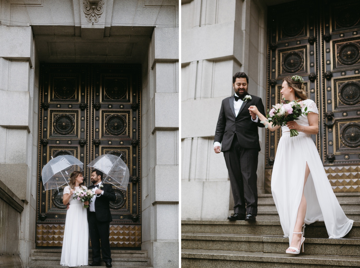 Rawlings Conservatory Baltimore Elopement bride and groom walking down steps of aged industrial building 