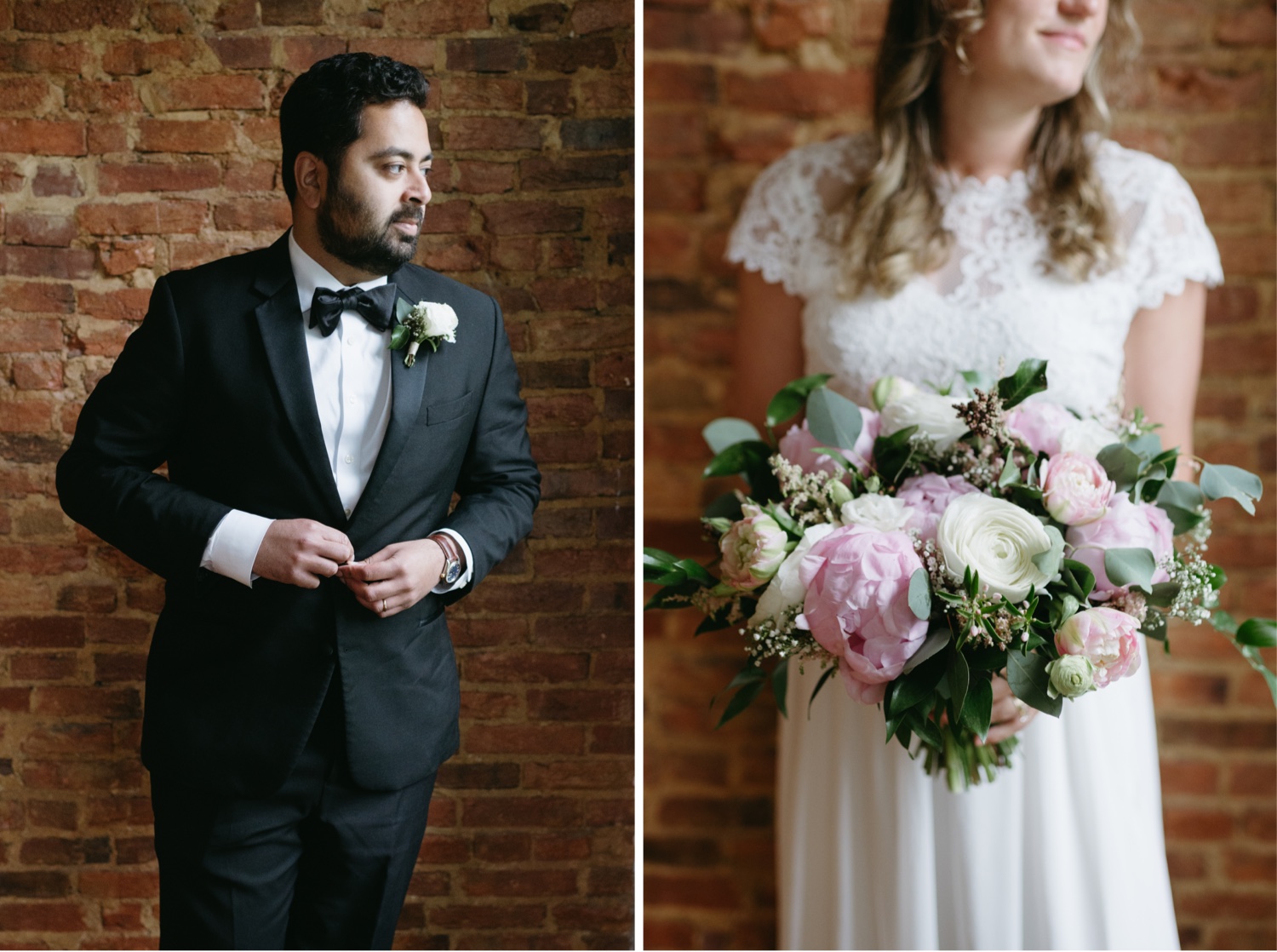 bride and groom wedding day details pink and white florals peony and roses
