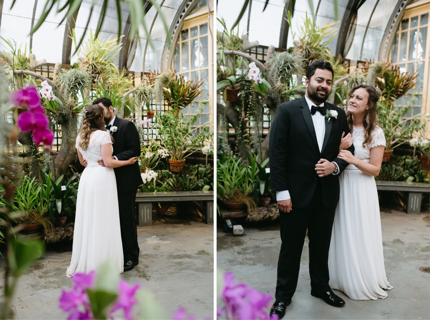 bride and groom wedding day kissing in greenhouse surrounded by desert flora and purple orchids