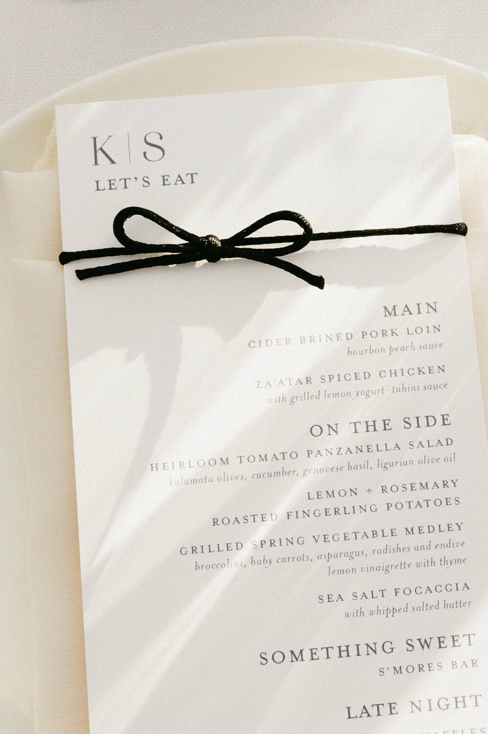 wedding menu placecard modern typography white and black color palette 