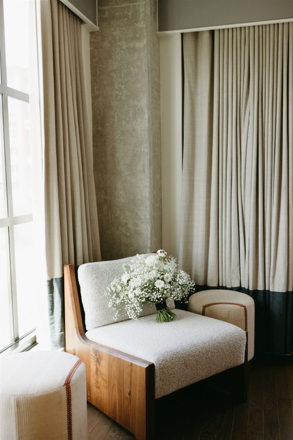 bridal florals posed on chair white clean modern palette 
